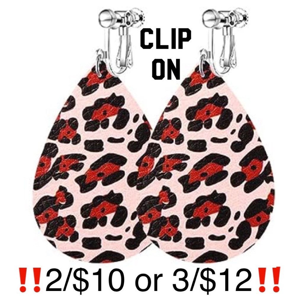 Adjustable Clip On Leopard Faux Leather Teardrop Shaped Earrings